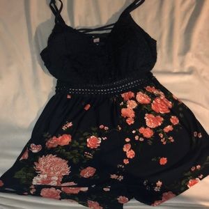 Super cute navy blue w/ pink flowers romper